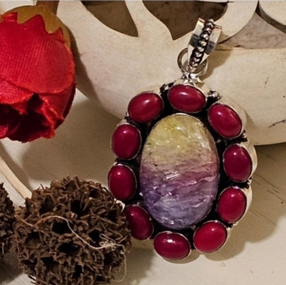 Rainbow Solar Quartz / Red Coral Pendant - passion, prosperity, promote harmony